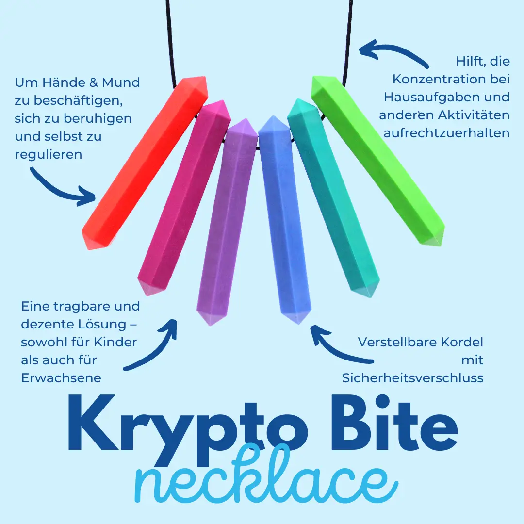 ARK Krypto Bite collana indossata da bambino alternativa al ciuccio o dito in bocca sostiene autoregolazione e concentrazione
