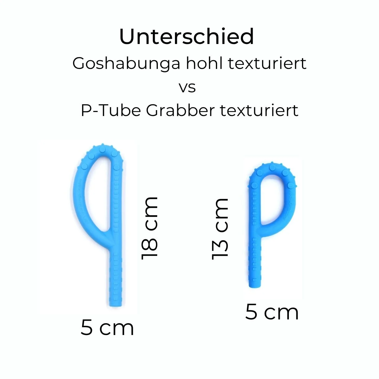 Comparison between ARK Goshabunga Grabber® P Tube Textured (18 cm, textured, hollow) and ARK P-Tube Grabber® Textured (13 cm, textured, hollow) – for choosing the right chew tool based on size and need