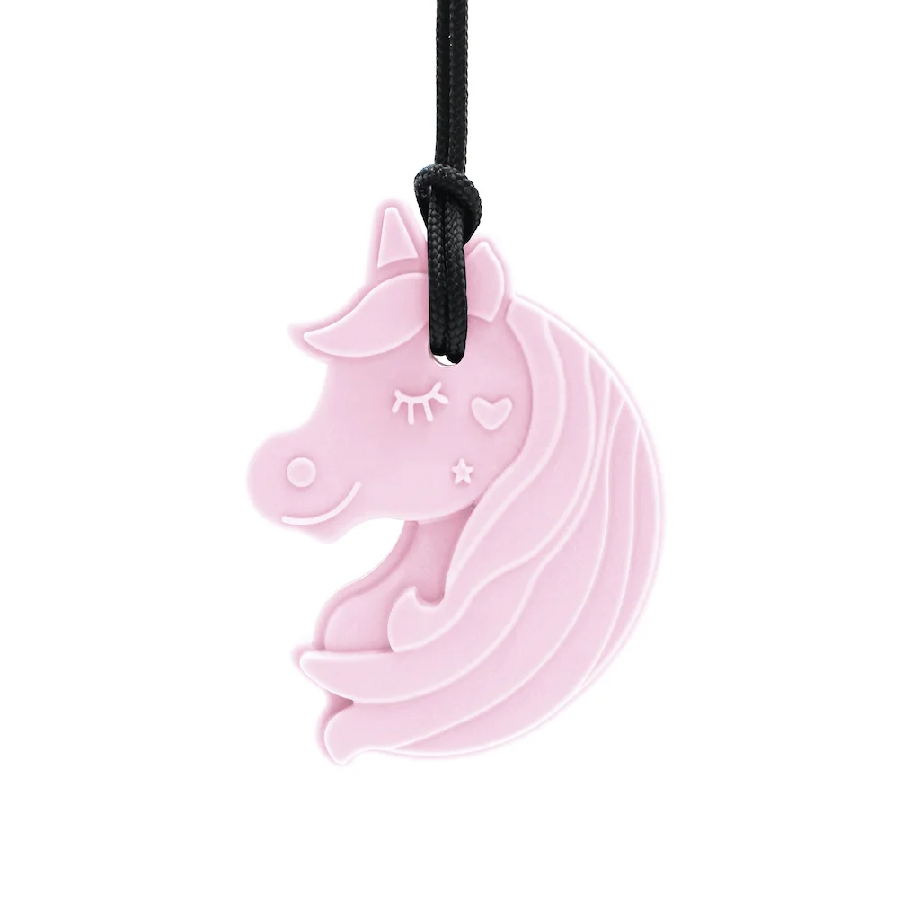ARK collana unicorno rosa standard morbido vista frontale ciondolo unicorno rosa per masticazione lieve